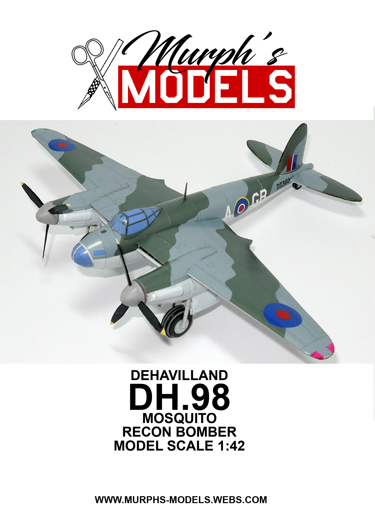 Сardboard scale model De Havilland «Mosquito» paper plane 1/33 2017 