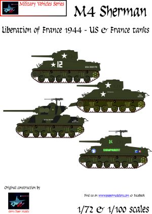 1/72 and 1/100 M4 Sherman in liberation of France, U.S. & French 1944 (4) Kit Bundle Paper Model