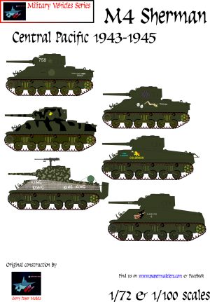 1/72 and 1/100 M4 Sherman in Central Pacific 1943-1945 (6) Kit Bundle Paper Model